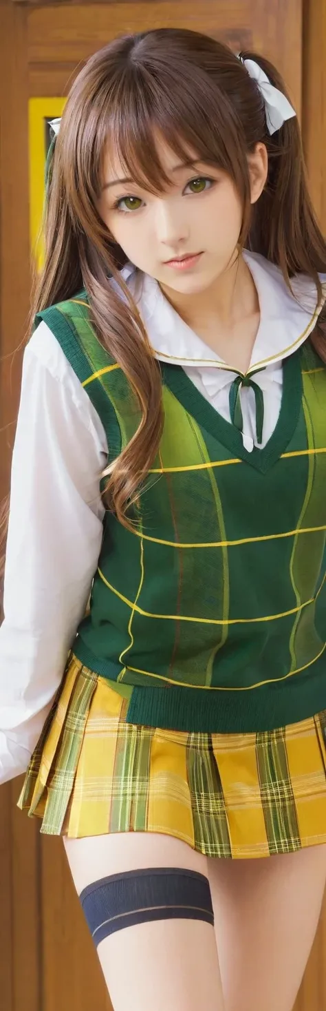 (masterpiece, best quality:1.2), 1girl, solo,standing_split, Mikan Yuuki, brown eyes, brown hair, hair ornament,long hair,green plaid skirt, sainan high , , white shirt, yellow sweater vest,no panty, exposed pussy