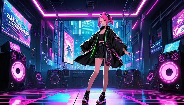 Girl in kimono, teenager, full body, cyberpunk, pink eyes, glowing, neon, black coat, open coat, window, DJ, dance floor,