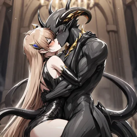 ((Highest quality)), ((masterpiece)), (detailed), （Perfect Face）、The woman is a jet-black female demon with magnificent demon horns and a jet-black tail, her skin is the same black as the Demon King, she is wearing a provocative and luxurious jet-black dre...