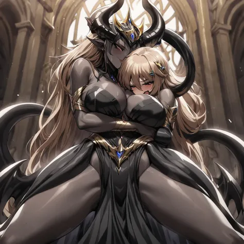 ((Highest quality)), ((masterpiece)), (detailed), （Perfect Face）、The woman is a jet-black female demon with magnificent demon horns and a jet-black tail, her skin is the same black as the Demon King, she is wearing a provocative and luxurious jet-black dre...