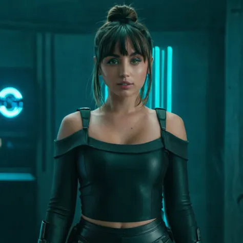 super high resolution portrait photo of ana de armas with bangs and bun, standing in a room, cyberpunk, undressed, f/2.8, canon,...