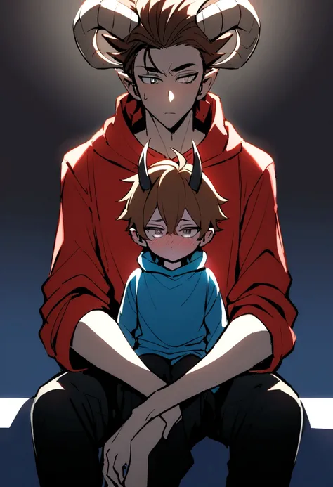 A boy with eye sockets,with an effeminate body and face, Brown hair, a blue sweatshirt, posing sitting with legs open (blushing), Black pants, and hair in the form of small spikes along with a much taller boy, gray eyed, red sweatshirt and his hair forms t...