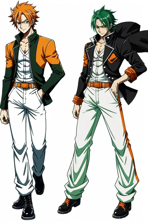 sprite of one, green haired man, black jacket, white shirt and (orange pants) and boots, in a hurry, colorless background, inspired by anime spritesheet, with character design, consistent clothing and colors, and realistic body proportions. , walking one p...