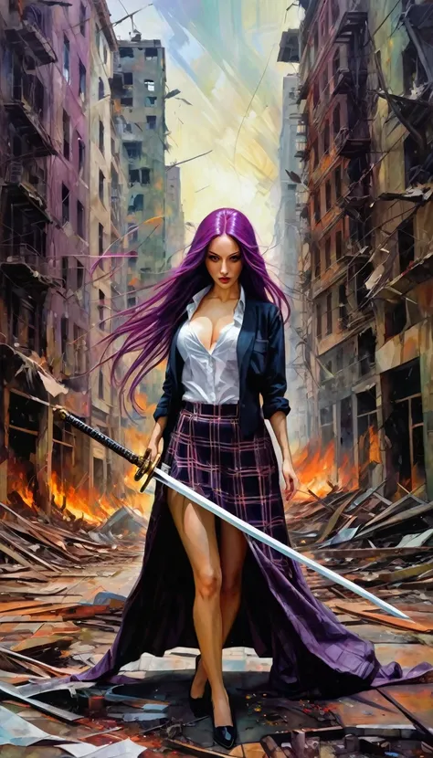 very sexy girl, long purple hair, open shirt, plaid skirt, with a sword in a dynamic position, scene of a destroyed city, fire, (art inspired in Bill Sienkiewicz). oil painting) (best quality,4k,8k,highres,masterpiece:1.2),ultra-detailed,(realistic,photore...