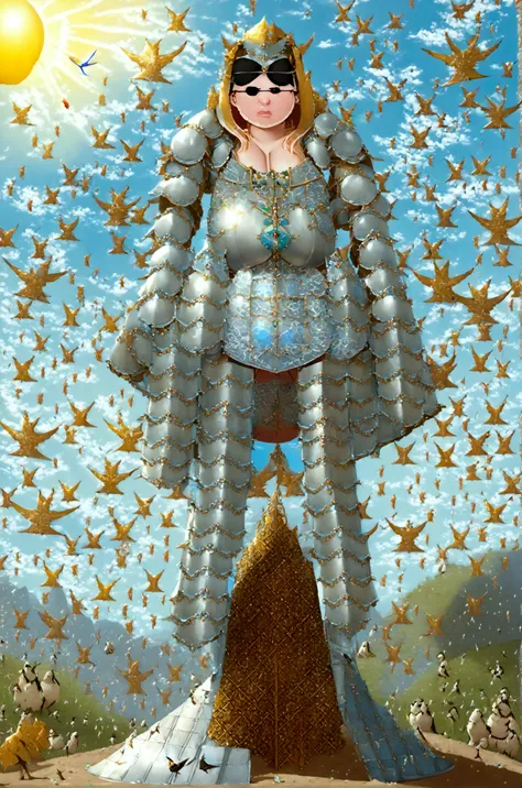 Huge teen tits bimbo, stern face expression,  standing on steep heel, sunny day, ((wearing plate full armor with ornament)), eyepatch, broken spears in the ground around, birds in sky far away