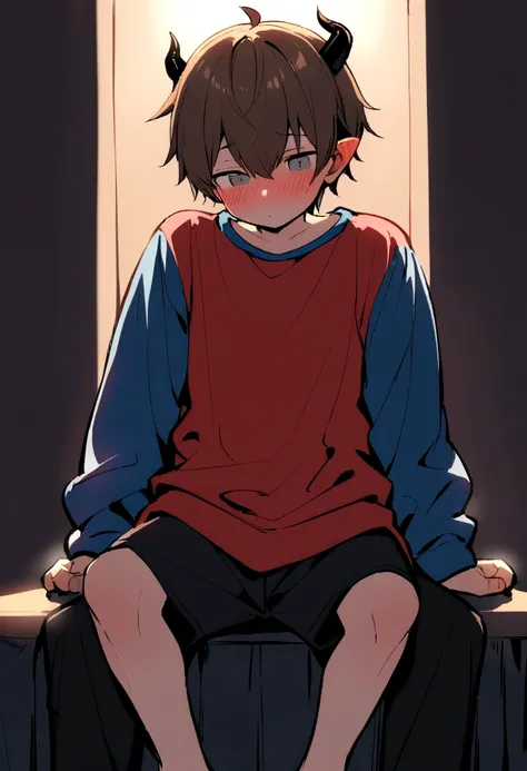 A boy without eyes,with an effeminate body and face, Brown hair, a blue sweatshirt, posing sitting with legs open (blushing), Black pants, and hair in the form of small spikes along with a much taller boy, gray eyed, red sweatshirt and hair in the shape of...