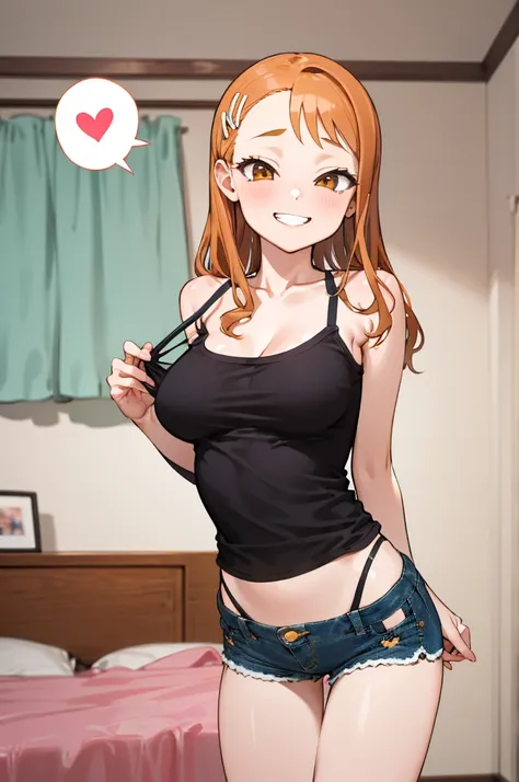 masterpiece, best quality, highres, 1girl, anjou naruko, hairclip, large breasts, , my room,camisole,denim shorts,,,looking viewer,,spoken heart,6yo,(petite),,thigh,grin,