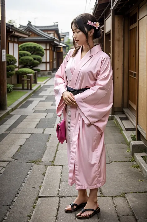 Women wear pink kimono in Japan 