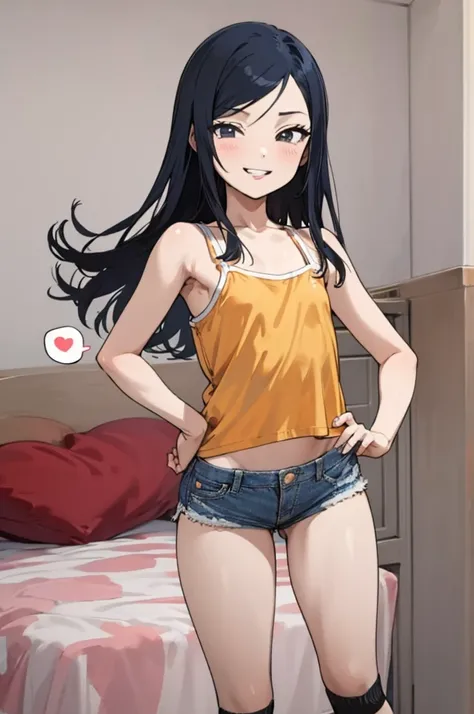 (masterpiece, best quality, detailed), 1girl, solo, camisole,denim shorts,my room
kurihara mari, , , hands on hips, smile, parted lips  ,,looking viewer,,spoken heart,6yo,(petite),,thigh,grin,socks