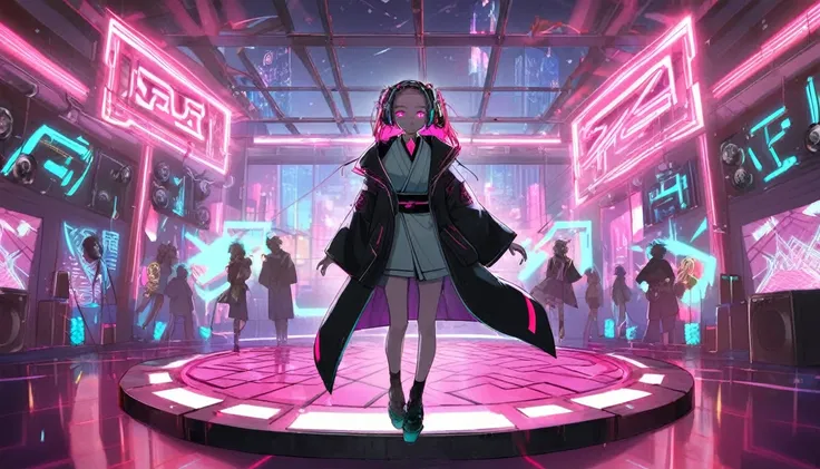 Girl in kimono, teenager, full body, cyberpunk, pink eyes, glowing, neon, black coat, open coat, window, DJ, dance floor,