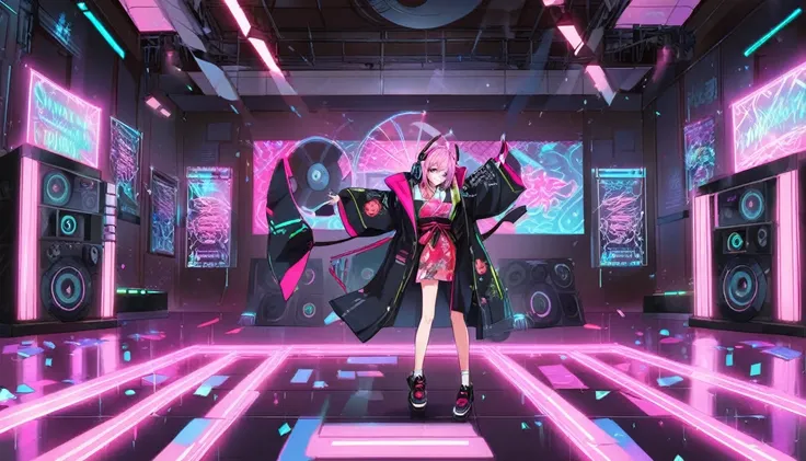 Girl in kimono, teenager, full body, cyberpunk, pink eyes, glowing, neon, black coat, open coat, window, DJ, dance floor,