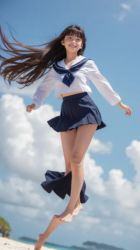 1girl,(((Okinawa ocean)))、(((White sand beaches in Okinawa)))、(((Just join your hands and pray)))、(((Mysterious look)))、8k UHD、Digital single-lens reflex camera、High resolution、Shallow depth of field、Natural light、(((Sailor suit)))、(((navy blue super mini ...