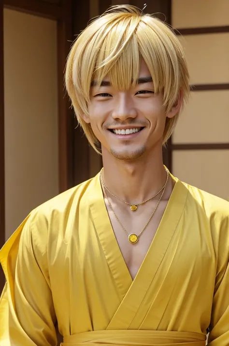 A genshin character with blonde hair, His hair is short but his bangs cover his eyes., in such a way that they are not seen, has a smile on his face, a yellow gem necklace on her chest 