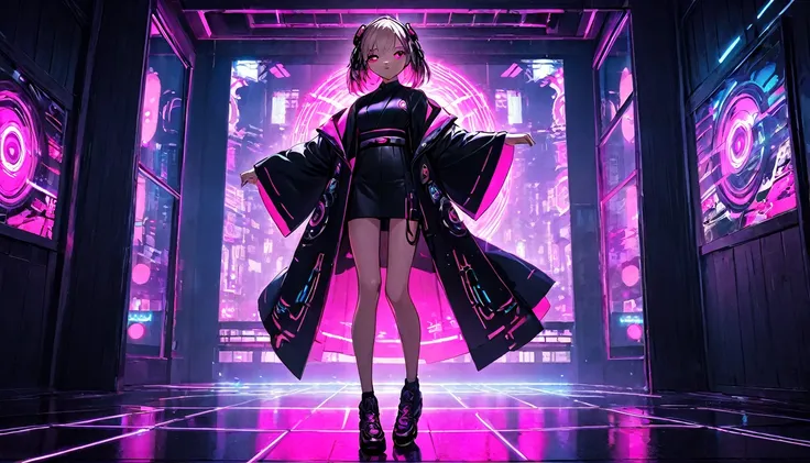 Girl in kimono, teenager, full body, cyberpunk, pink eyes, glowing, neon, black coat, open coat, window, DJ, dance floor,