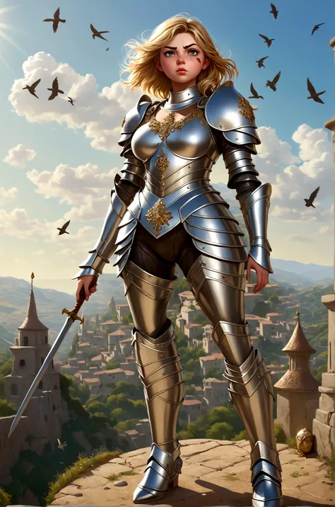 Huge teen tits bimbo, stern face expression,  standing on steep heel, sunny day, ((wearing plate full armor with ornament)), eyepatch, broken spears in the ground around, birds in sky far away