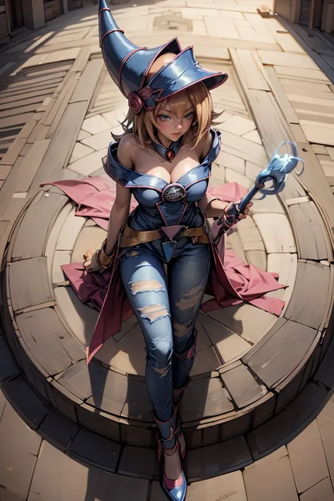 (Masterpiece:1.2), (The best quality:1.2), perfect lighting, Dark Magician Girl casting a spell, in battle. floating in the air, big and visible tits, wear jeans and heels. transparent neckline, blue robe, big hat, From above, sparkles, Yugioh game, The ma...