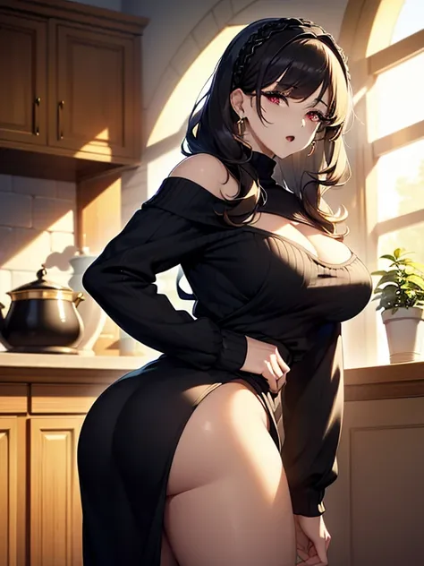 masterpiece, yor, 1girl, Amazing Cleavage:1.3, thin waist, big ass, Raised sexy, medium breast: 1.8 posed cleavage:1.2、solo, looking at viewer, open mouth, have a cup of coffee,black hair, red eyes, dress, bare shoulders, jewelry, collarbone, sidelocks, ha...