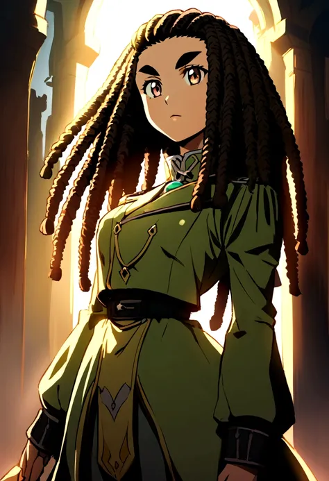 a photo of Ririan, girl, 30 years old, Isekai anime style, beautiful big honey-colored eyes, thicker eyebrows, short brown hair with beautiful, very thick colored dreadlocks, green military clothes.