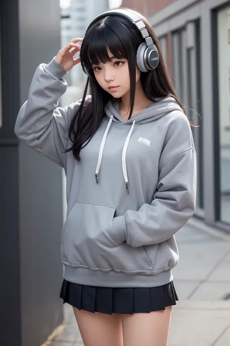 dark haired girl with bangs covering part of her eyes, gray sweatshirt coat, school skirt and headphones on the head. side pose.