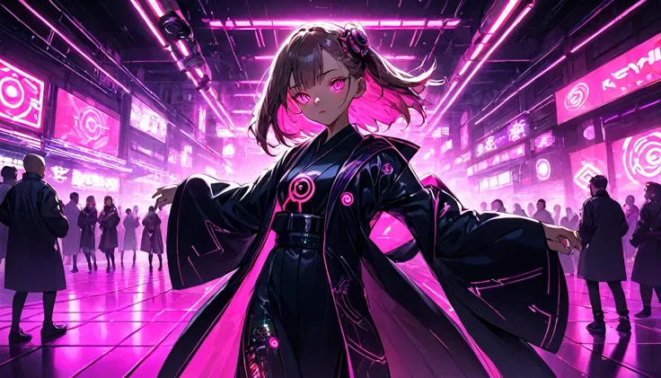 Girl in kimono, teenager, cyberpunk, pink eyes, glowing, neon, black coat, open coat, dance floor,