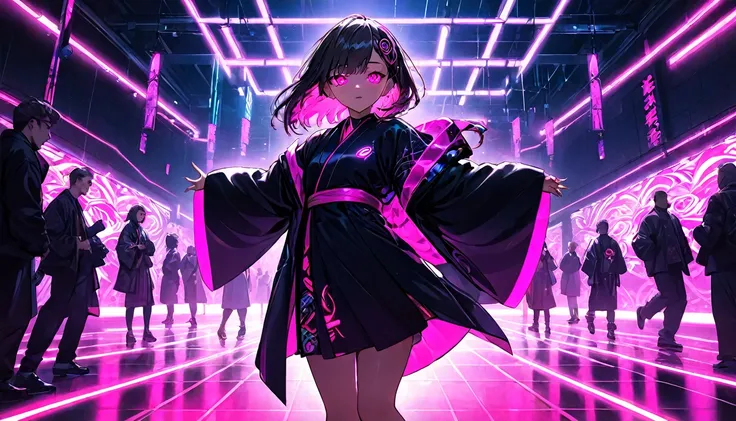 Girl in kimono, teenager, cyberpunk, pink eyes, glowing, neon, black coat, open coat, dance floor,