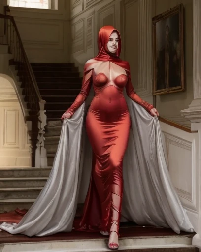 a beautiful woman in the silk red sack, mummified, tight full body tied, satin sheet, nipple on, nipple piercing, shibari, satin hijab, full body, long satin,mermaid tight long gown, flowy dramatic long gown, detail face,tall women, walk downstair, strugle...