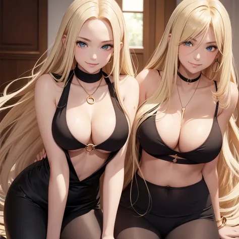 1 girl only, smile, gold necklace with circle pendant ((long blonde hair, between dates.)), low-cut black top, ((cleavage is visible.)), medium breasts, defined thick thighs, low waist black leggings, seductive, sarcastic, shy, blushing look ((light skin))