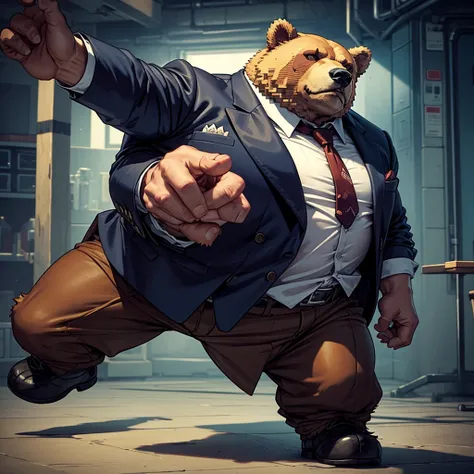 Pixelart generates an image of a bad bear, in gangster clothes, whole body.