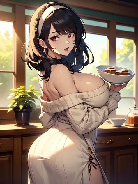 masterpiece, yor, 1girl, Amazing Cleavage:1.3, thin waist, big ass, Raised sexy, medium breast: 1.8 posed cleavage:1.2、solo, looking at viewer, open mouth, have a cup of coffee,black hair, red eyes, dress, bare shoulders, jewelry, collarbone, sidelocks, ha...