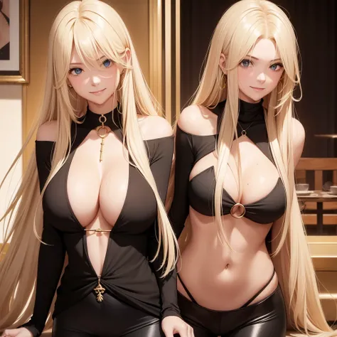 1 girl only, smile, gold necklace with circle pendant ((long blonde hair, between dates.)), low-cut black top, ((cleavage is visible.)), medium breasts, defined thick thighs, low waist black leggings, seductive, sarcastic, shy, blushing look ((light skin))