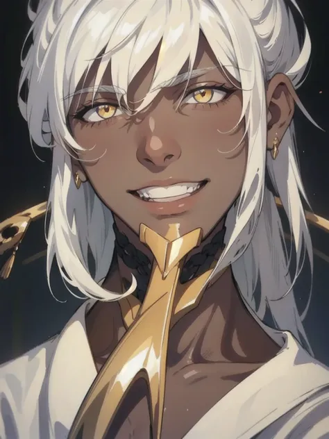 1 Human, (Very dark skin), golden eyes, White hair, long hair, White shirt, smile, portraits a., dark background, (((Human))), long face,, Business suit