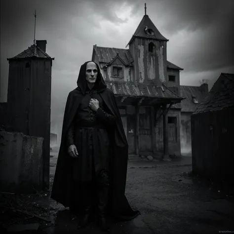 generate me an image of nosferatu in a gloomy environment and in black and white, old style , that&#39;s a little scary. marked shadows, old look and sepia color, misty and gloomy, high resolution and photorealism, 