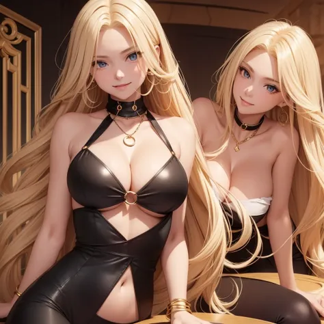 1 girl only, smile, gold necklace with circle pendant ((long blonde hair, between dates.)), low-cut black top, ((cleavage is visible.)), medium breasts, defined thick thighs, low waist black leggings, seductive, sarcastic, shy, blushing look ((light skin))