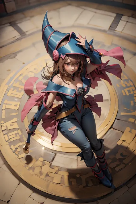 (Masterpiece:1.2), (The best quality:1.2), perfect lighting, Dark Magician Girl casting a spell, in battle. floating in the air, big and visible tits, wear jeans and heels. transparent neckline, blue robe, big hat, From above, sparkles, Yugioh game, The ma...