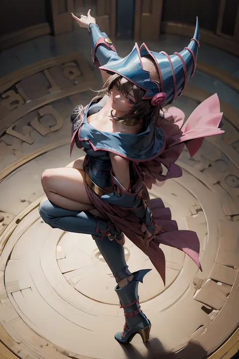 (Masterpiece:1.2), (The best quality:1.2), perfect lighting, Dark Magician Girl casting a spell, in battle. floating in the air, big and visible tits, wear jeans and heels. transparent neckline, blue robe, big hat, From above, sparkles, Yugioh game, The ma...