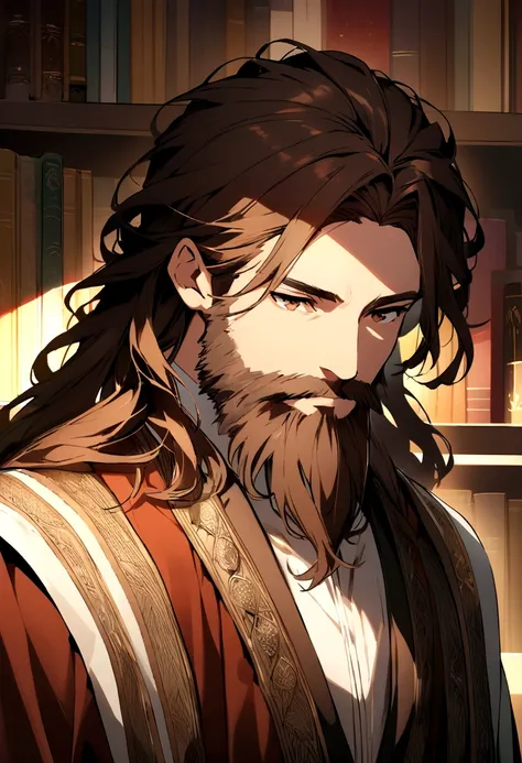 logo of a man with m hair,long brown hair and medium beard with books in the background