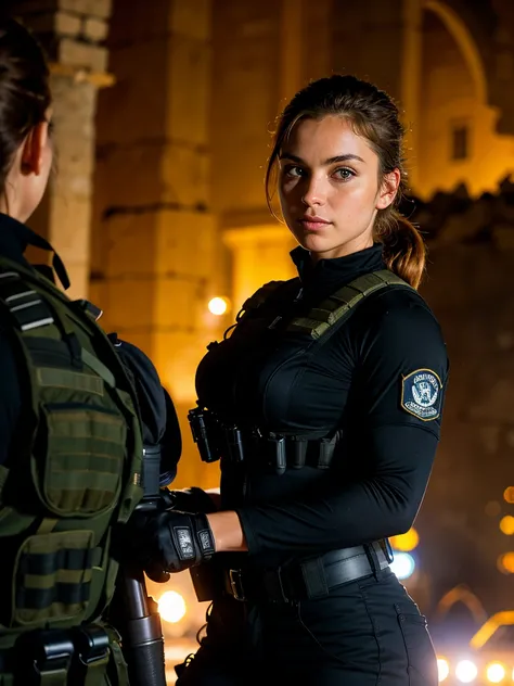 Special forces woman , tactical vest, black T-shirt, tactical pants, special forces unloading,  in the middle of the ruins, looking at the viewer, night, dark lighting, depth of field, bokeh