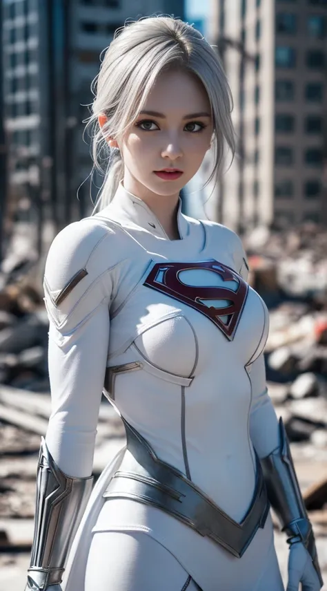 (White Superhero Theme Supergirl),( Apocalyptic city destroyed:1.4),(superchica:1.4), (gray white hair ),More detailed 8K.unreal engine:1.4,UHD,La Best Quality:1.4, photorealistic:1.4, skin texture:1.4, Masterpiece:1.8,first work, Best Quality,object objec...