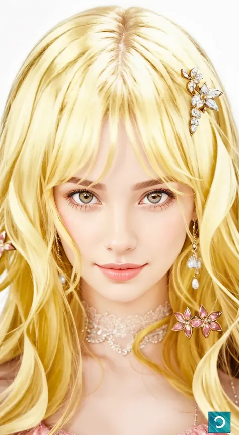 A stunningly lifelike portrait captures a 26-year-old girl with red eyes and beautiful European features. Smile, girl wearing pink dress, girls hair are shiny, healthy and volumous. Girls lips are pink and her eyes are shiny red color