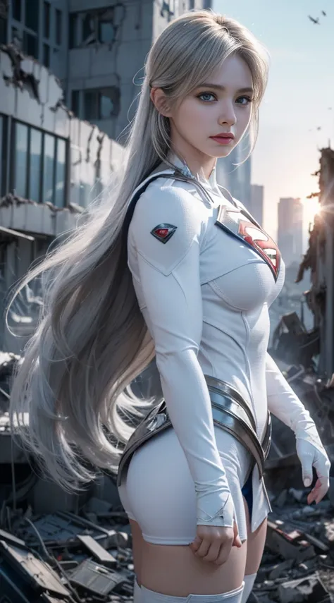 (White Superhero Theme Supergirl),( Apocalyptic city destroyed:1.4),(superchica:1.4), (gray white hair ),More detailed 8K.unreal engine:1.4,UHD,La Best Quality:1.4, photorealistic:1.4, skin texture:1.4, Masterpiece:1.8,first work, Best Quality,object objec...