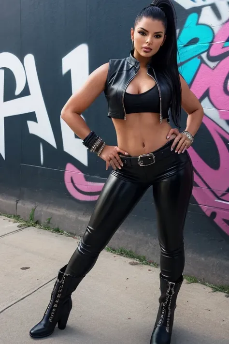 a sexy woman standing on the street next to a motorcycle, he wears leather pants, a top and a vest with boots., hermosa bed, sex...