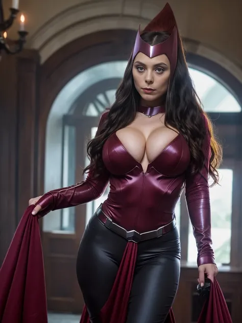 ((Scalet Witch:1.4)), ((Wanda Maximoff:1.4)), (blown wavy hair), (scarlet bodycon  micro thong bikini below the waist,  ultra-giant breasts: 1.3, super-huge breasts: 1.3, ultra-large cleavage: 1.3,body glove, straps, buckles, long sleeves), (slender body, ...