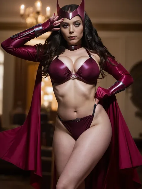 ((Scalet Witch:1.4)), ((Wanda Maximoff:1.4)), (blown wavy hair), (scarlet bodycon  micro thong bikini below the waist,  ultra-giant breasts: 1.3, super-huge breasts: 1.3, ultra-large cleavage: 1.3,body glove, straps, buckles, long sleeves), (slender body, ...