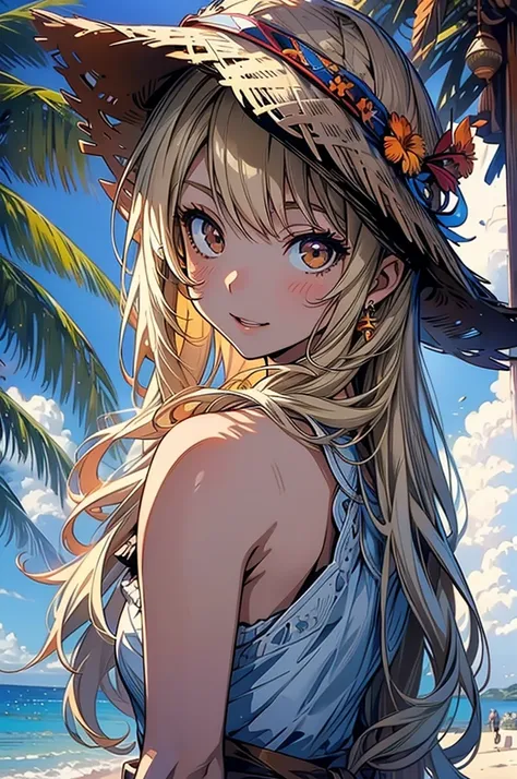 masterpiece, rich colors, Best quality, detailed, high resolution, Hyper quality, high detail, , high quality, detailing, skinny sexy girl on the beach , bright lighting , Brown eyes, Anime, palm trees, bright lighting, blonde,