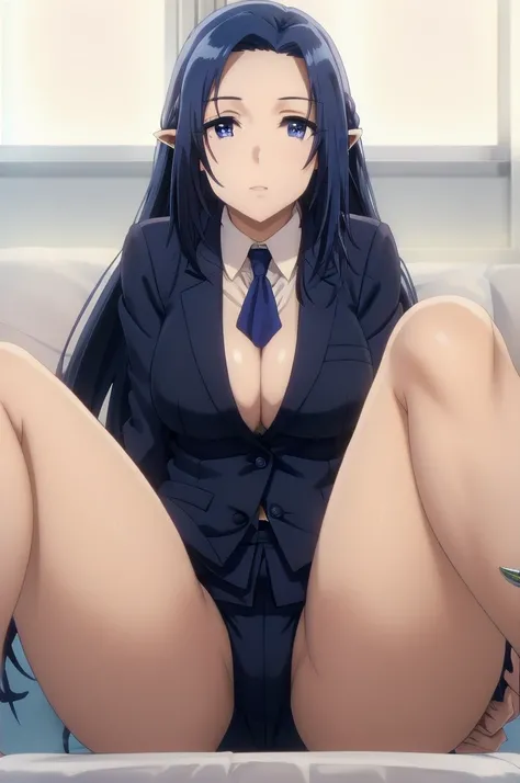 1girl,,elf, blue eyes, long hair, blue hair,office suit
