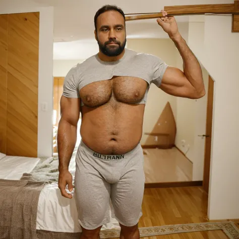 A muscular Brazilian man in his 40s, chubby body with brown hair and beard, wearing a bulging athletic support, standing in a bedroom with a protruding belly, in a sexy profile pose, looking to the side, underwear visible, high quality, realistic, ultra-de...