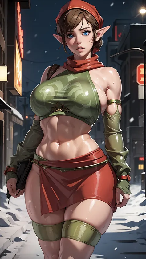 rebecca chambers attractive huge breasts thick lips tight military outfit wearing red bandana on head in city night snowing hold...