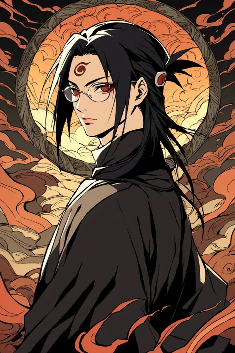 Create an anime-style image inspired by Naruto, featuring a male character with neck-length hair, part of which is tied back. He is wearing glasses and a black tunic. The art style should resemble that of the Naruto series."

El personaje debe parecer a it...