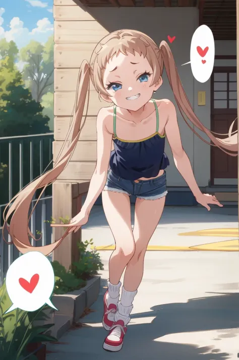 (masterpiece, best quality), intricate details,
 1girl,  sanae dekomori,  speech bubble,,,looking viewer,,spoken heart,6yo,(petite),flat chest,grin,outdoor,camisole,denim shorts,socks,thigh gap