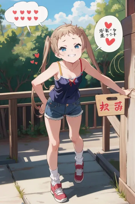 (masterpiece, best quality), intricate details,
 1girl,  sanae dekomori,  speech bubble,,,looking viewer,,spoken heart,6yo,(petite),small breasts,grin,outdoor,camisole,denim shorts,socks,t